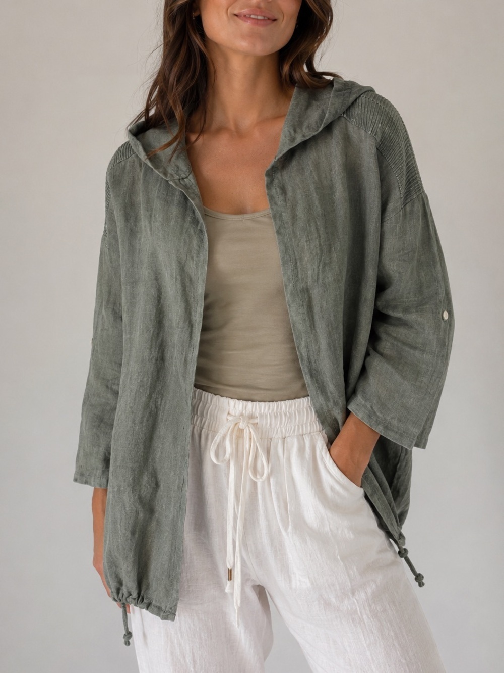 181. Italian Linen Viola Borghi Streetwear  Hooded Utility Jacket in Olive Green